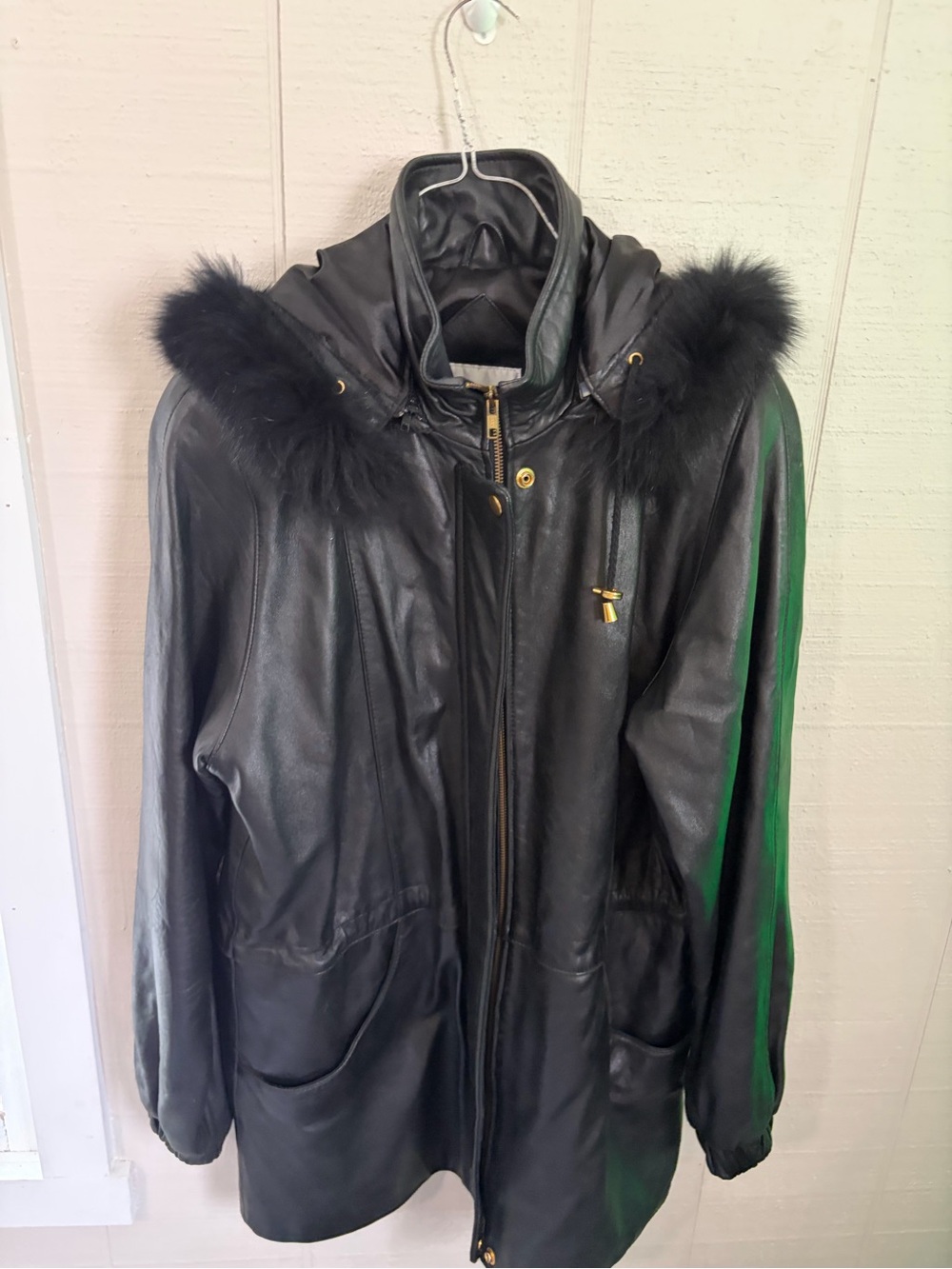 Black Faux-Fur Hood Leather Jacket